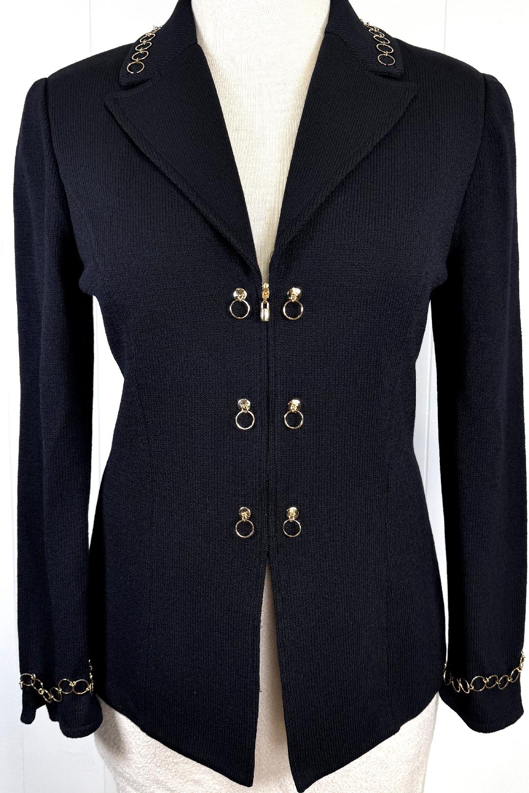 St. John Chic Black Santana Knit Jacket with Gold Chain Trim - Size 12