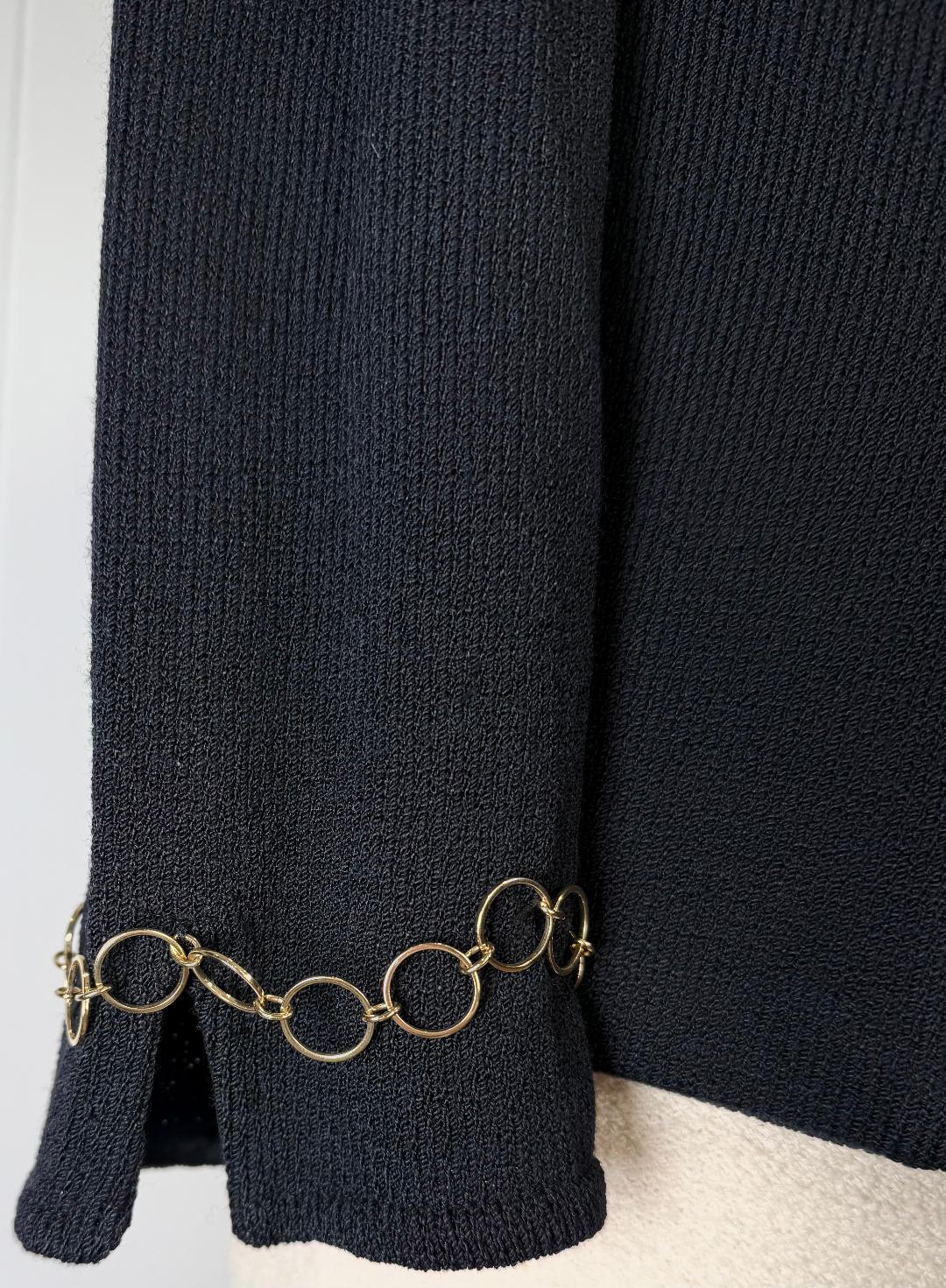St. John Chic Black Santana Knit Jacket with Gold Chain Trim - Size 12