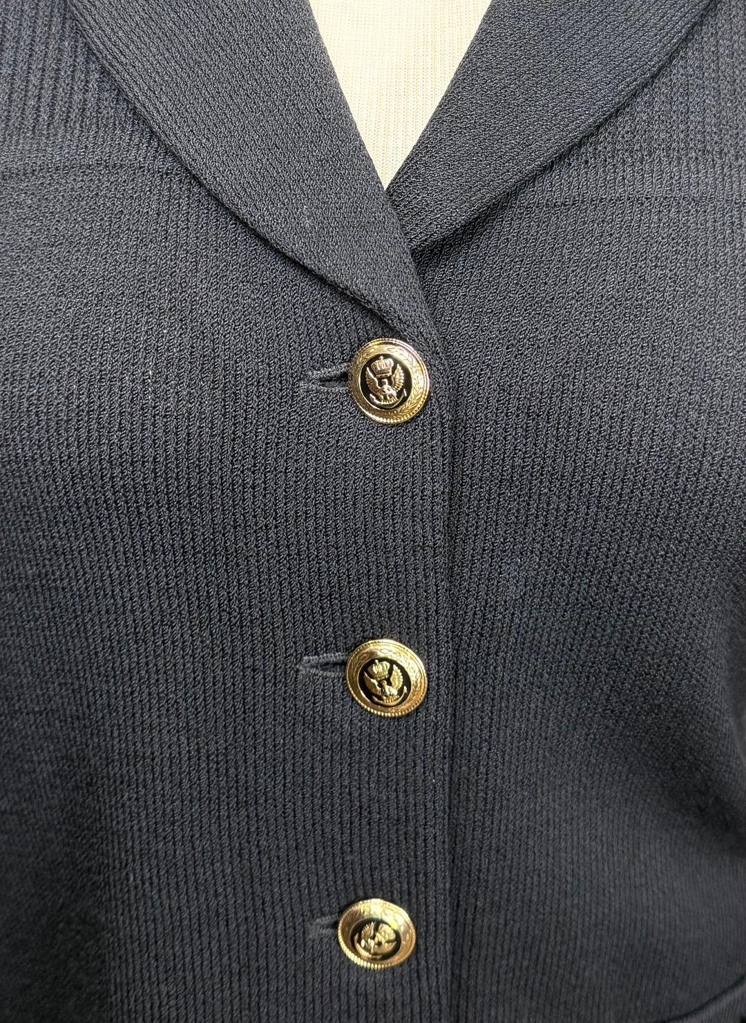 St. John Classic Black Santana Knit Long Jacket with Gold Crest Buttons - Size 12