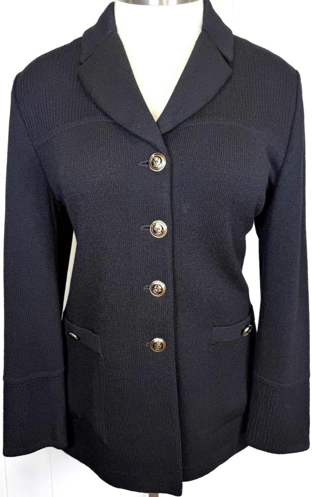 St. John Classic Black Santana Knit Long Jacket with Gold Crest Buttons - Size 12