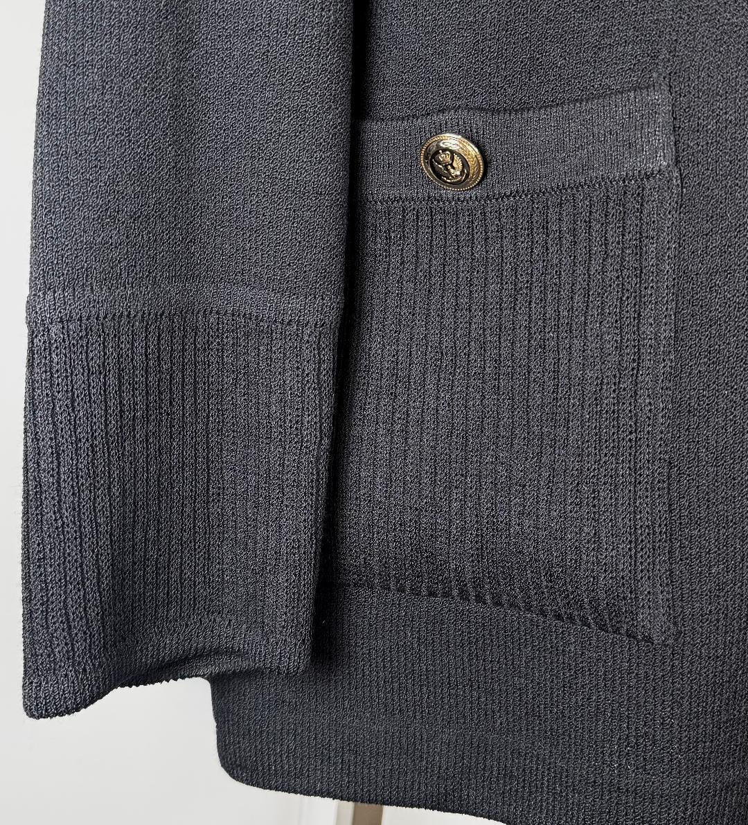 St. John Classic Black Santana Knit Long Jacket with Gold Crest Buttons - Size 12