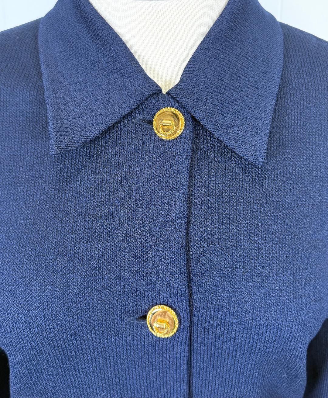 St. John Classic Navy Santana Knit Long Jacket with Gold Button Accents - Size L/16