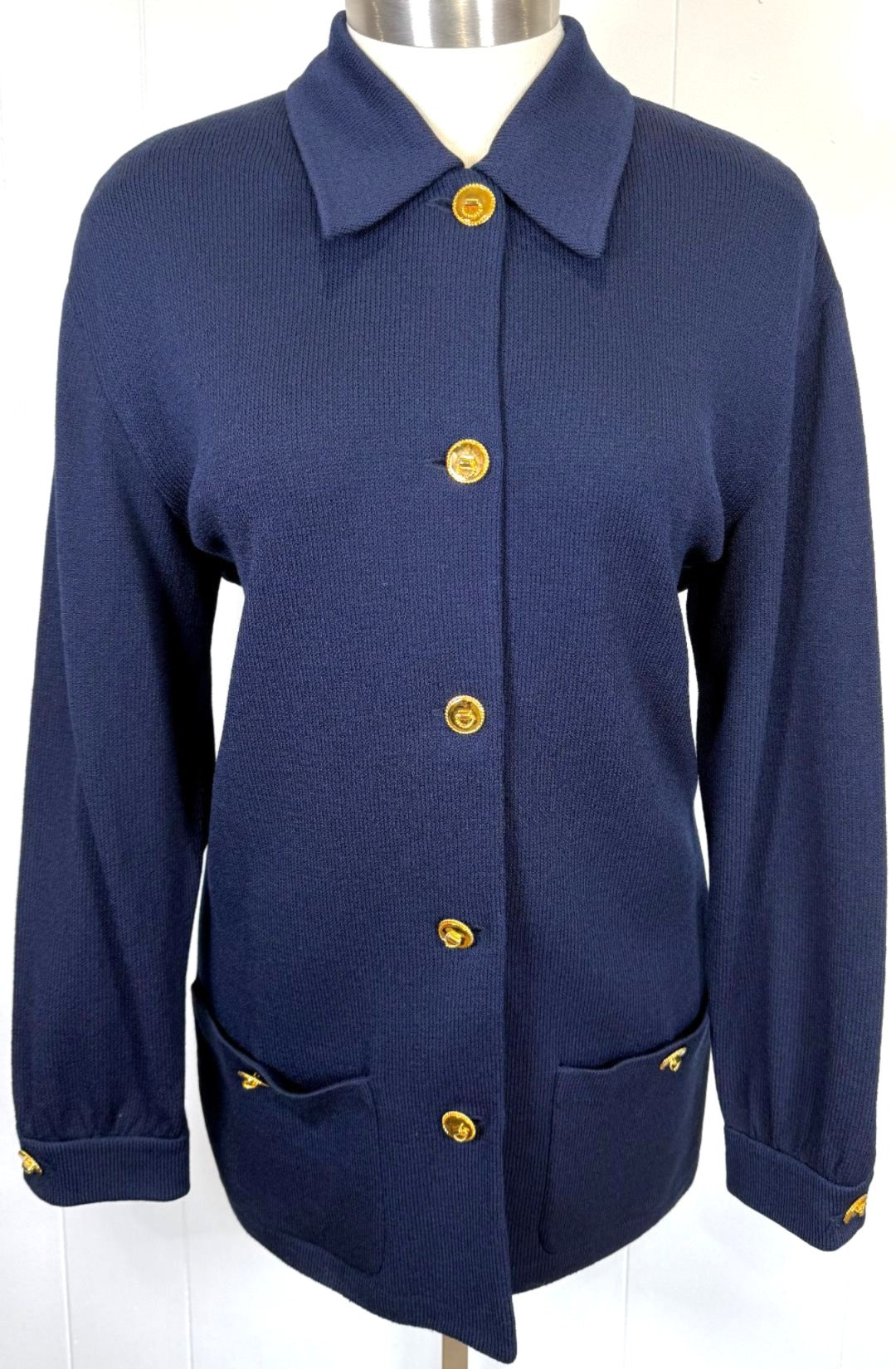 St. John Classic Navy Santana Knit Long Jacket with Gold Button Accents - Size L/16