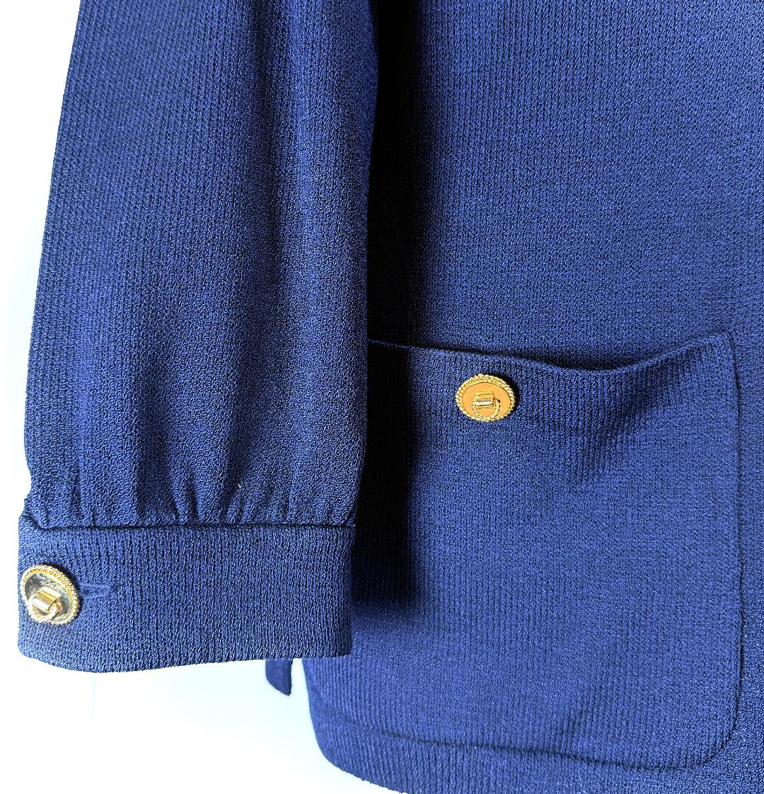 St. John Classic Navy Santana Knit Long Jacket with Gold Button Accents - Size L/16