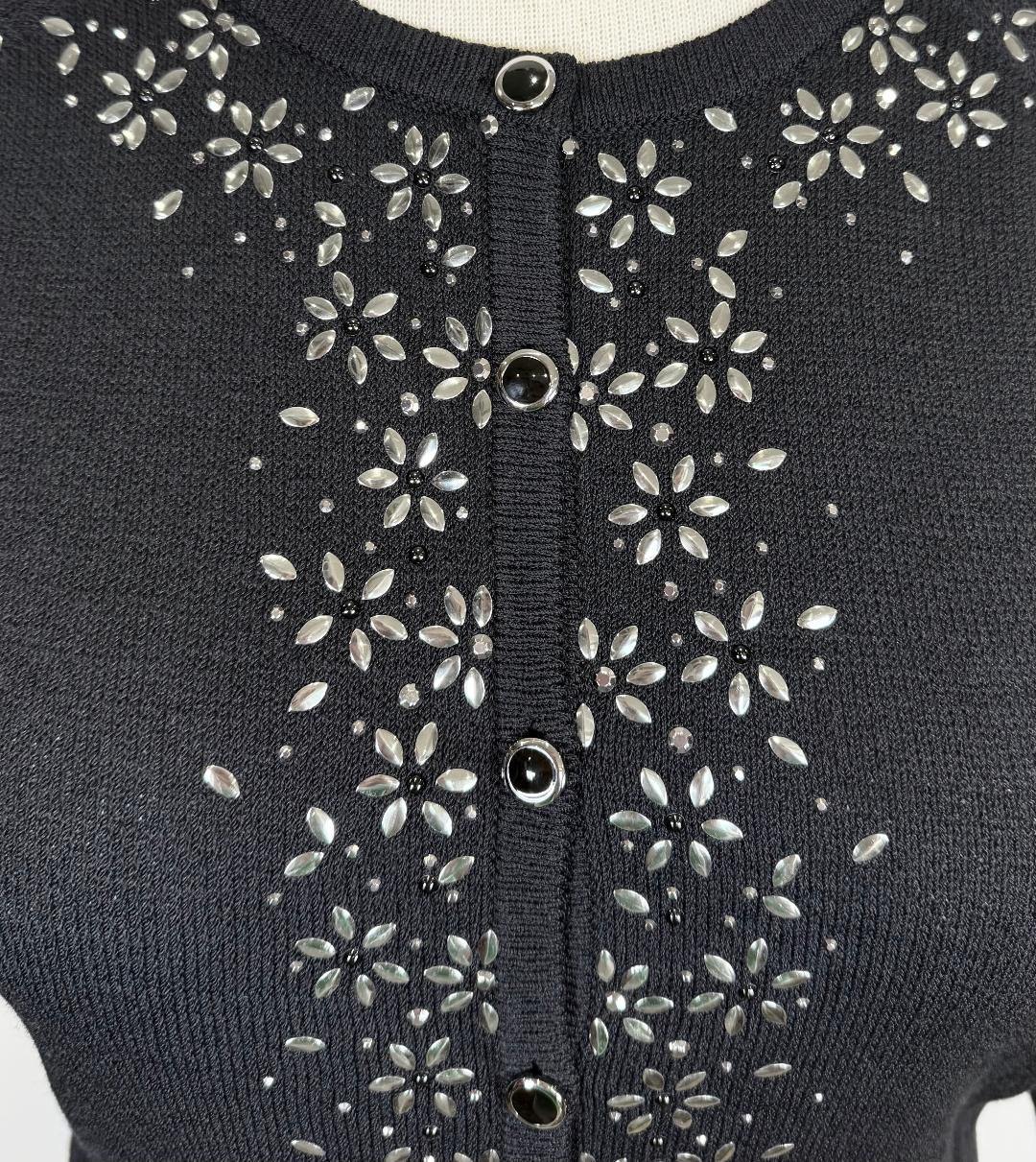 St. John Sport Black Santana Knit Cardigan with Silver Paillette Embellishment - Size L/10/12