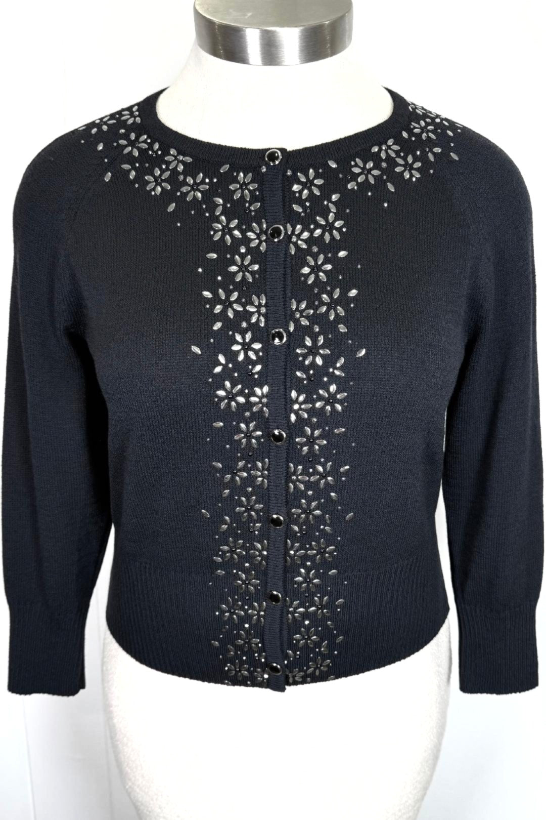 St. John Sport Black Santana Knit Cardigan with Silver Paillette Embellishment - Size L/10/12
