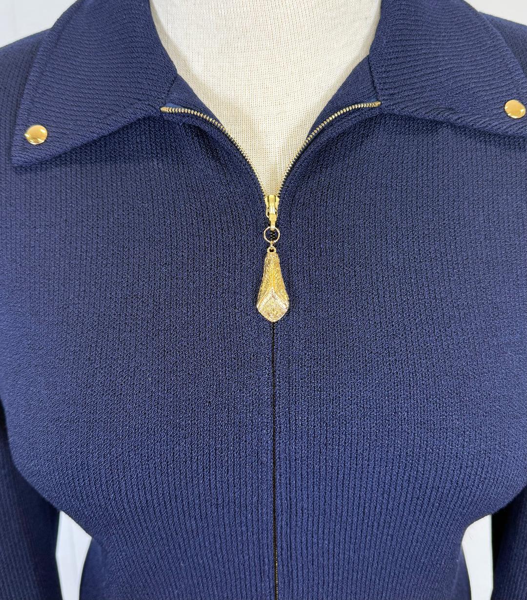 St. John Navy Santana Knit Long Jacket with Gold Zipper Detailing - Size 12