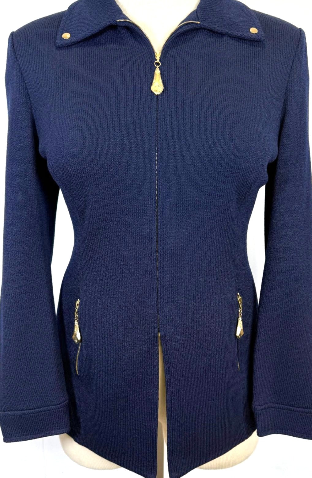 St. John Navy Santana Knit Long Jacket with Gold Zipper Detailing - Size 12