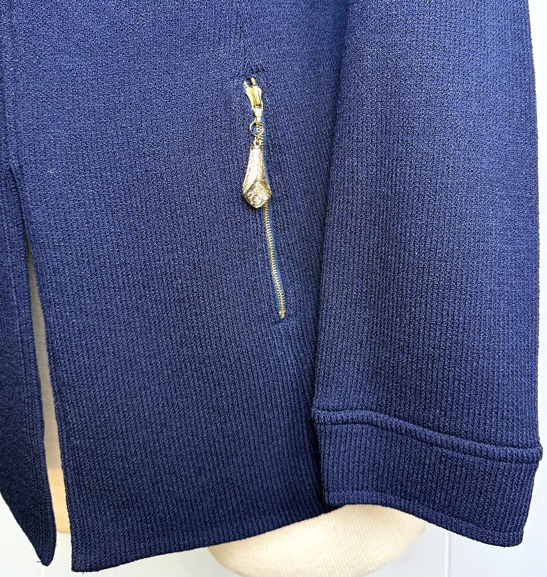 St. John Navy Santana Knit Long Jacket with Gold Zipper Detailing - Size 12