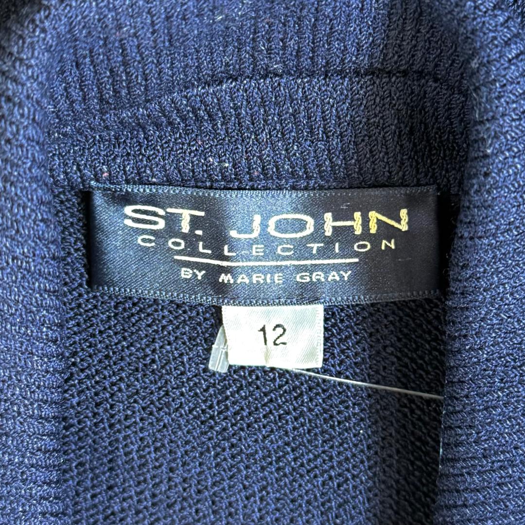 St. John Navy Santana Knit Long Jacket with Gold Zipper Detailing - Size 12