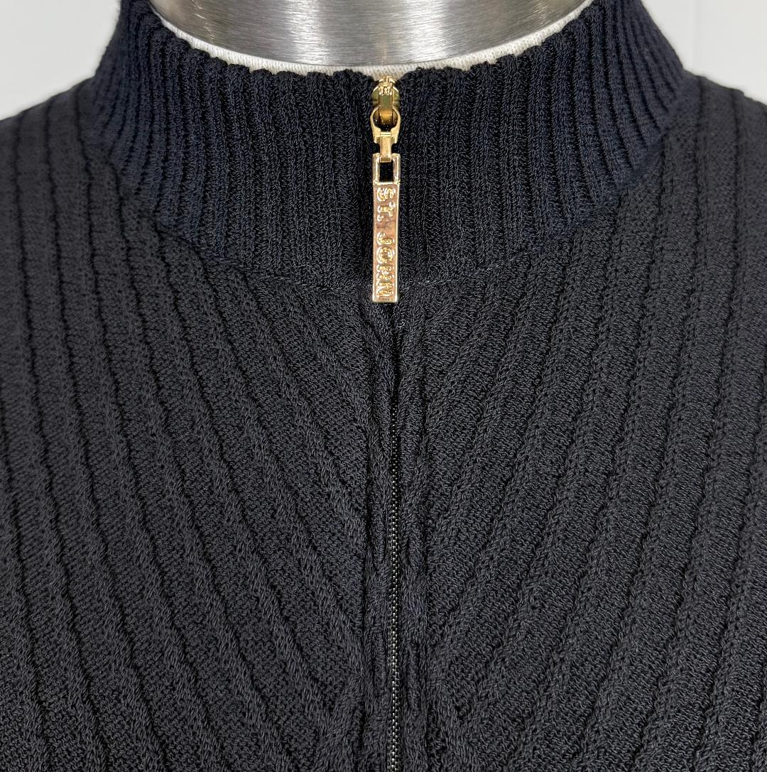 St. John Black Santana Knit Long Jacket - Textured Ribbing and Gold Zipper – Size 12/14