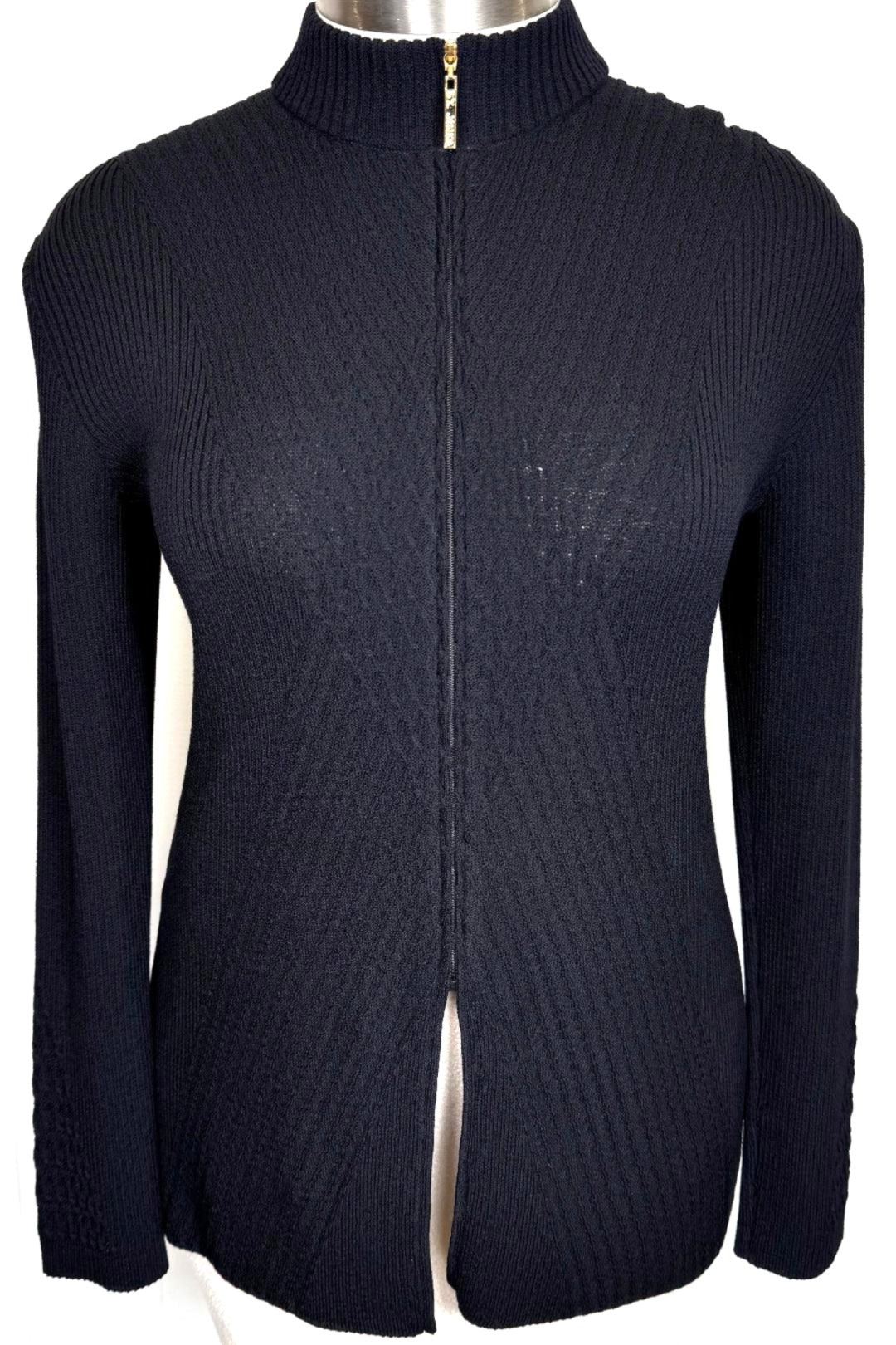 St. John Black Santana Knit Long Jacket - Textured Ribbing and Gold Zipper – Size 12/14