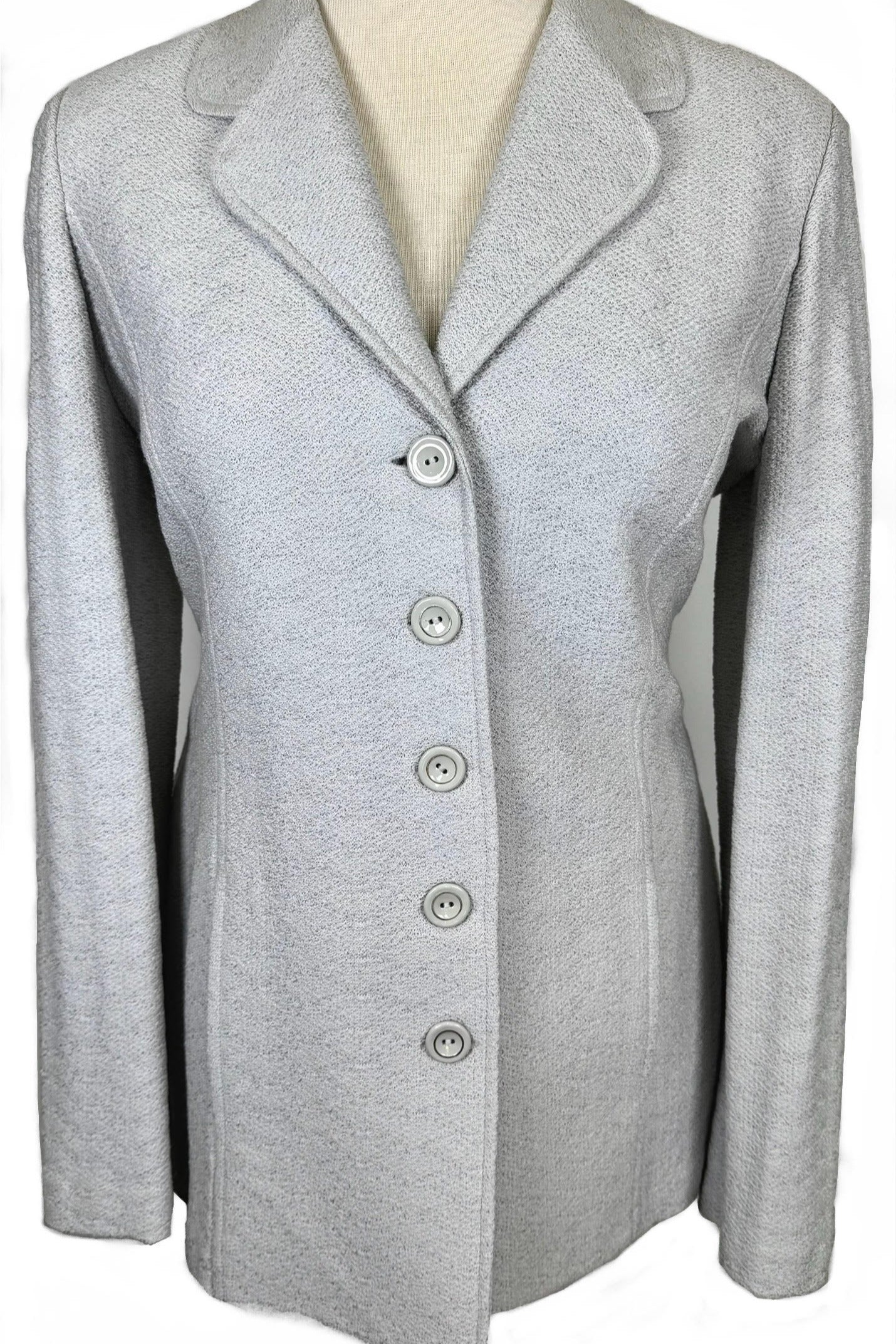 St. John Light Grey Textured Santana Knit Long Jacket - Size 12