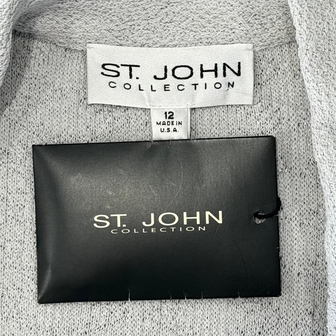 St. John Light Grey Textured Santana Knit Long Jacket - Size 12