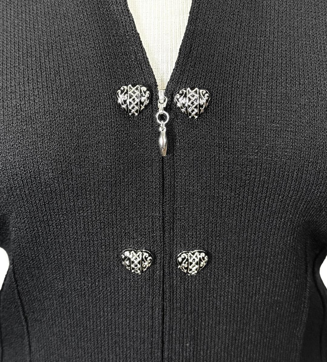 St. John Black Santana Knit Jacket with Fringe, Leather Trim & Heart Buttons - Size 12
