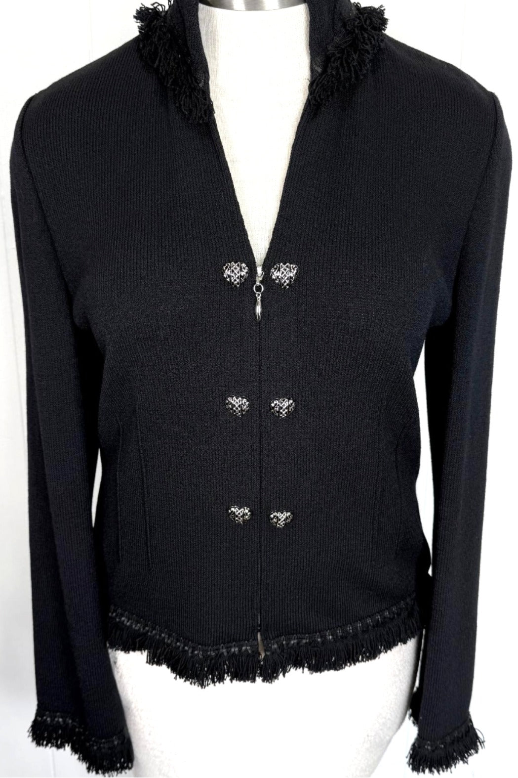 St. John Black Santana Knit Jacket with Fringe, Leather Trim & Heart Buttons - Size 12