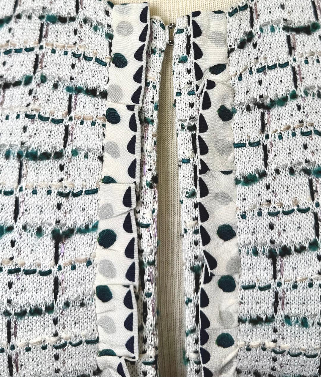 St. John Black, White & Green Textured Knit Jacket with Silk Trim - Size 12