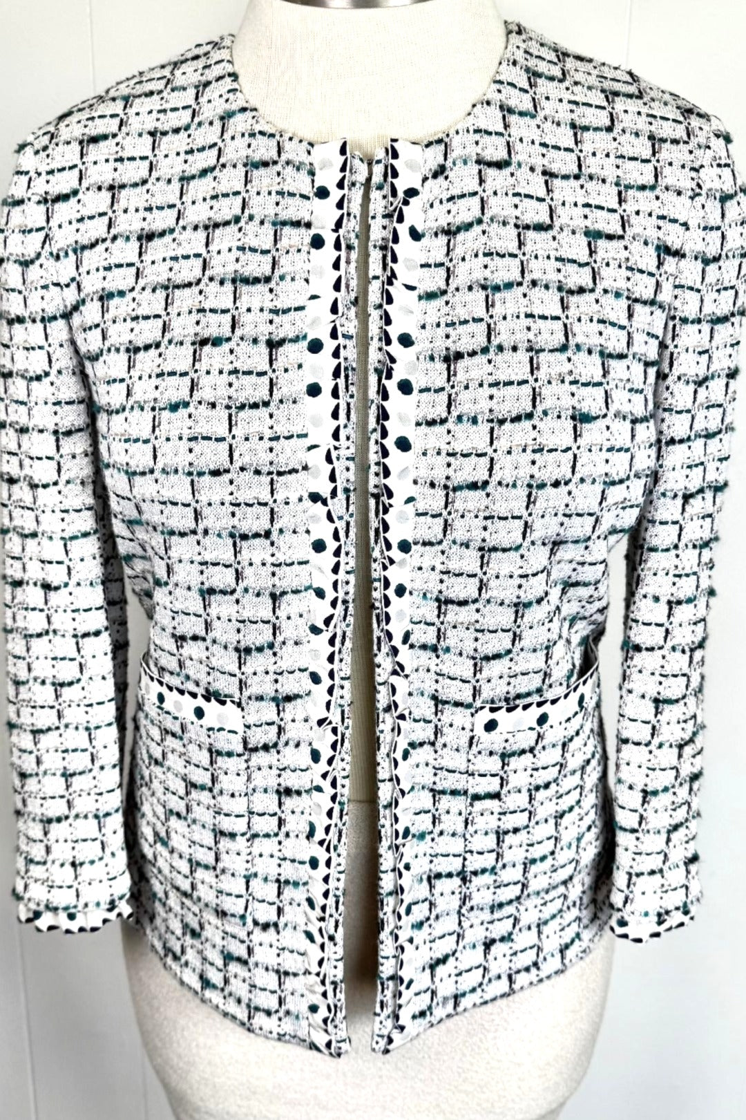 St. John Black, White & Green Textured Knit Jacket with Silk Trim - Size 12