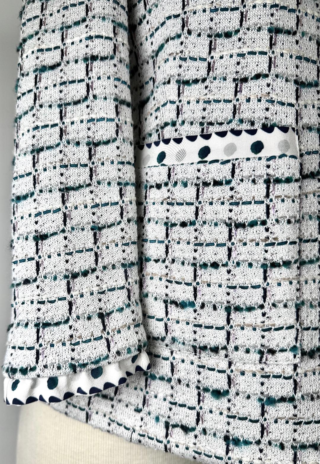 St. John Black, White & Green Textured Knit Jacket with Silk Trim - Size 12