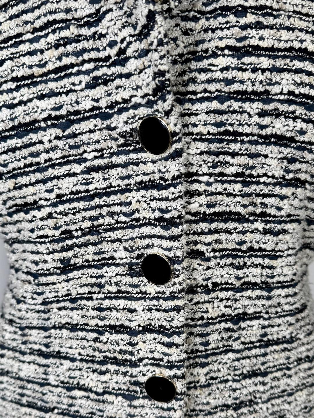 St. John Black & White Textured Knit Jacket with Logo Buttons - Size 12