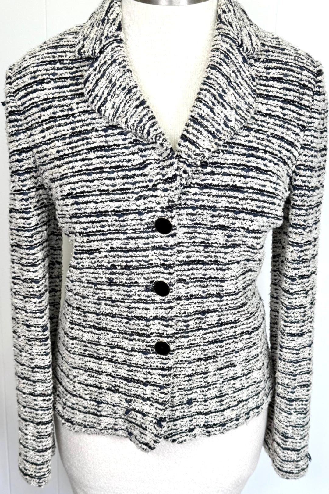 St. John Black & White Textured Knit Jacket with Logo Buttons - Size 12