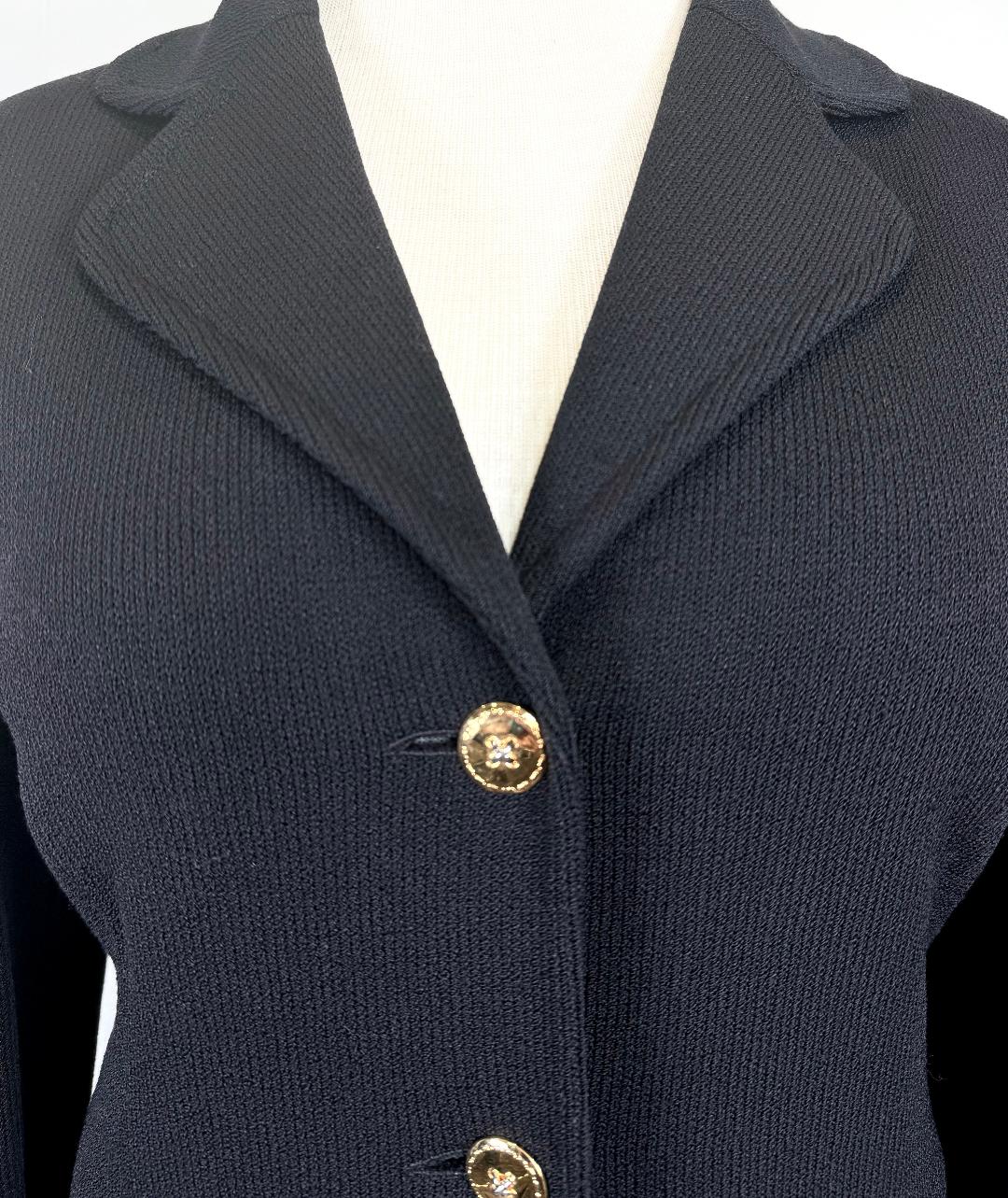 St. John Long Black Santana Knit Jacket – Notched Lapel with Gold & Silver Buttons - Size 12