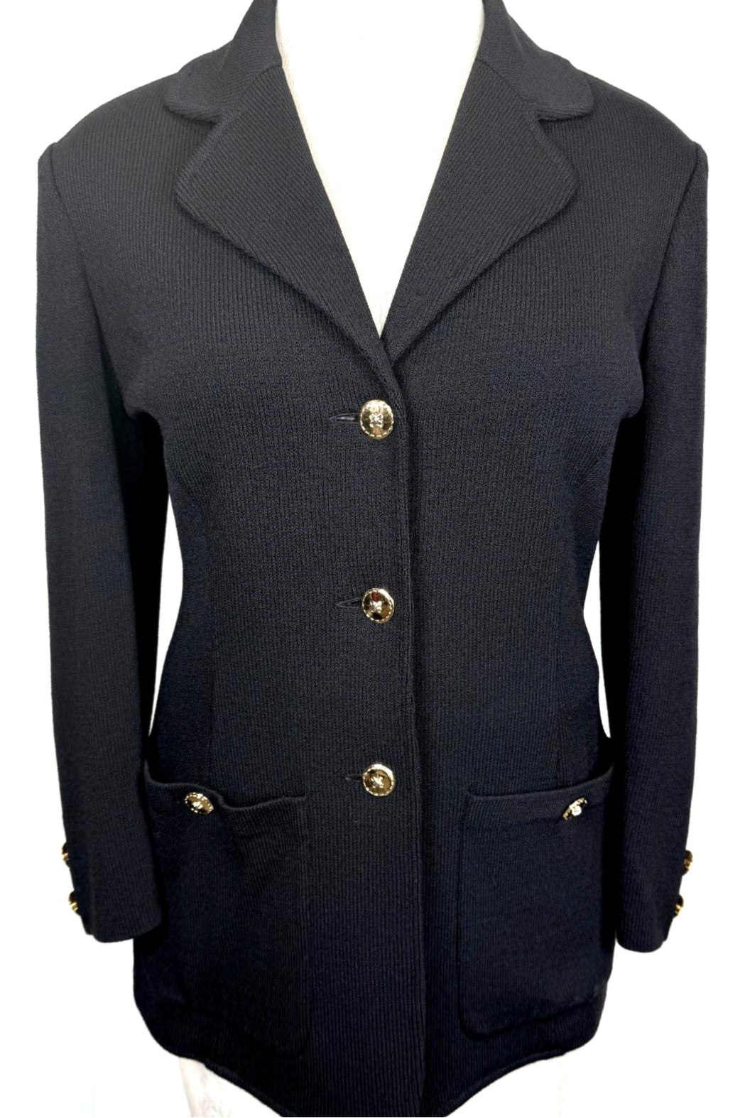 St. John Long Black Santana Knit Jacket – Notched Lapel with Gold & Silver Buttons - Size 12