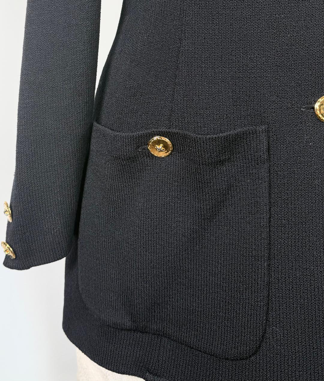 St. John Long Black Santana Knit Jacket – Notched Lapel with Gold & Silver Buttons - Size 12