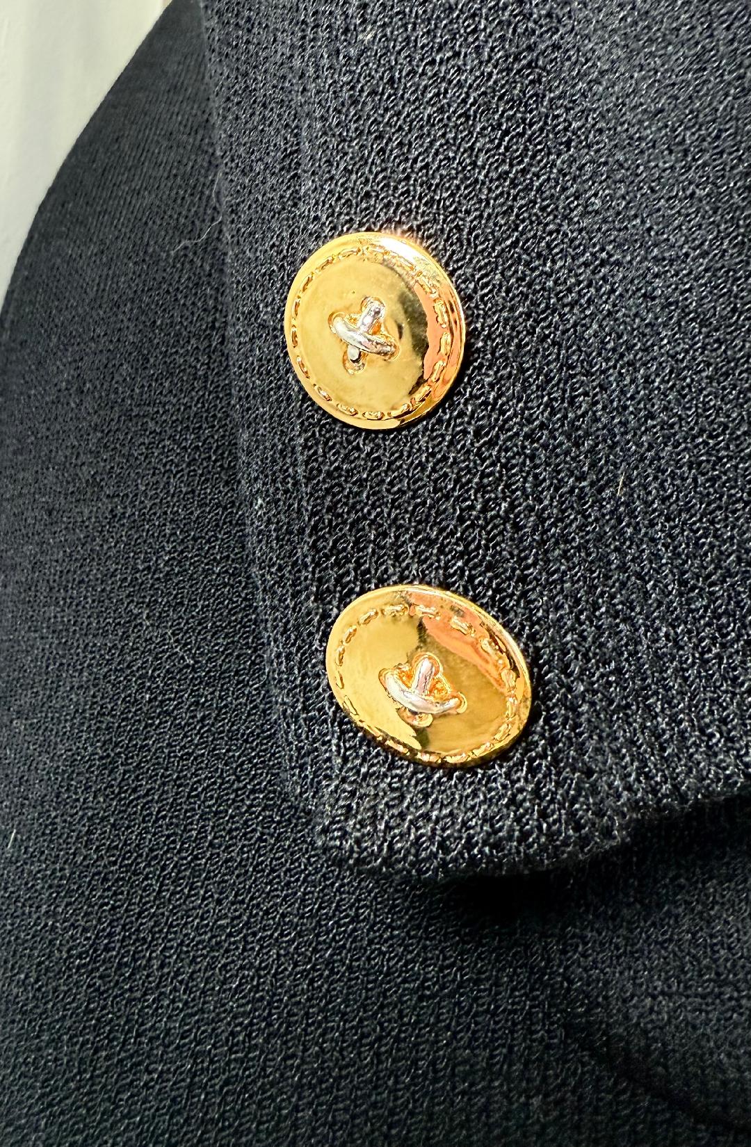 St. John Long Black Santana Knit Jacket – Notched Lapel with Gold & Silver Buttons - Size 12