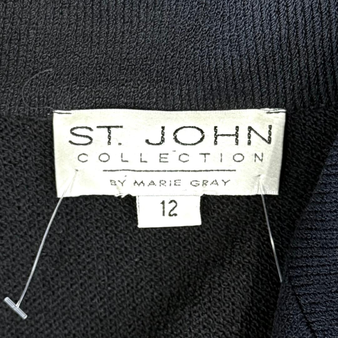 St. John Long Black Santana Knit Jacket – Notched Lapel with Gold & Silver Buttons - Size 12