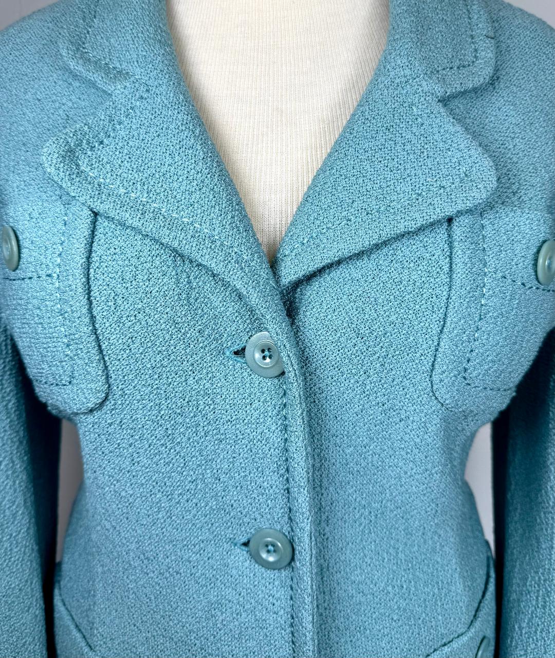 St. John Light Blue Textured Santana Knit Jacket – Four-Pocket Design & Matching Buttons - Size 12