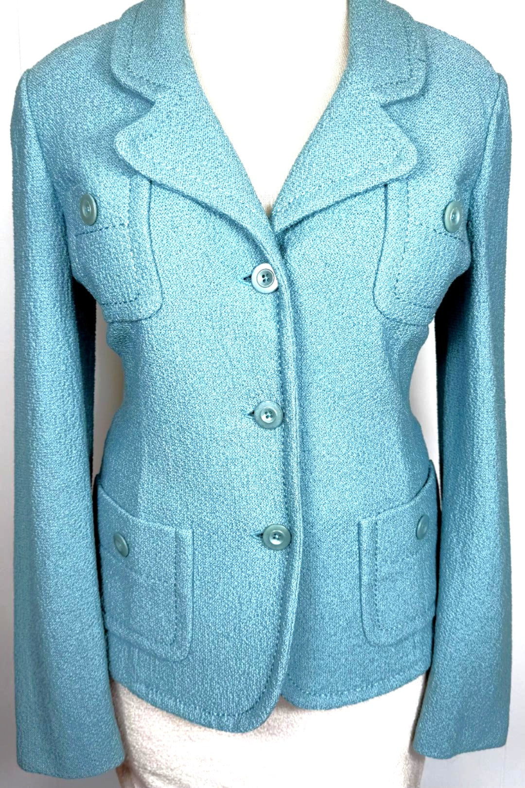St. John Light Blue Textured Santana Knit Jacket – Four-Pocket Design & Matching Buttons - Size 12