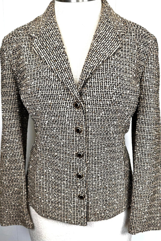 St. John Black & Beige Multi-Color Textured Wool-Blend Jacket – Gold-Accent Buttons - Size 12