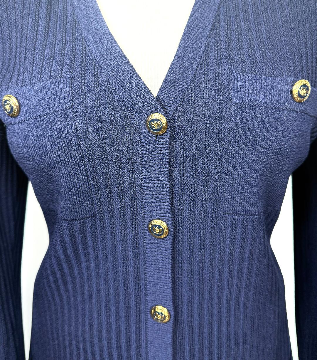 St. John Long Navy Santana Knit Ribbed Jacket – V-Neck with Gold Logo Buttons -  Size 12