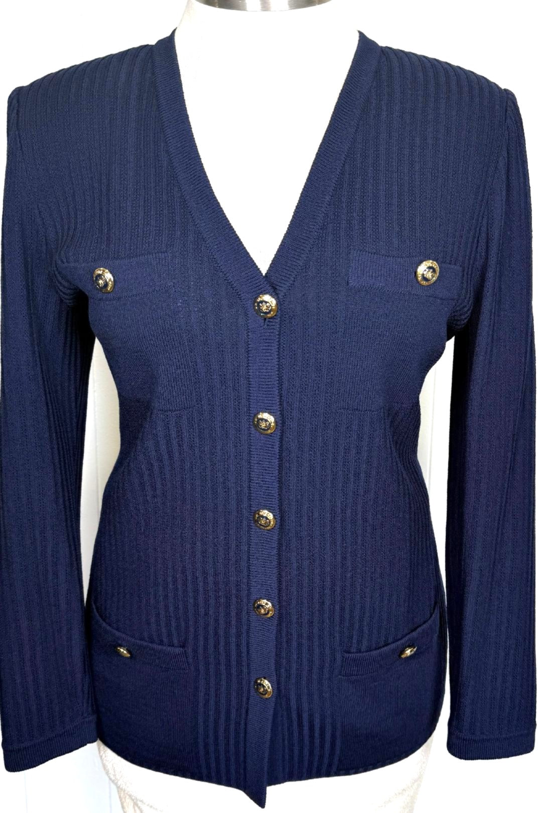 St. John Long Navy Santana Knit Ribbed Jacket – V-Neck with Gold Logo Buttons -  Size 12