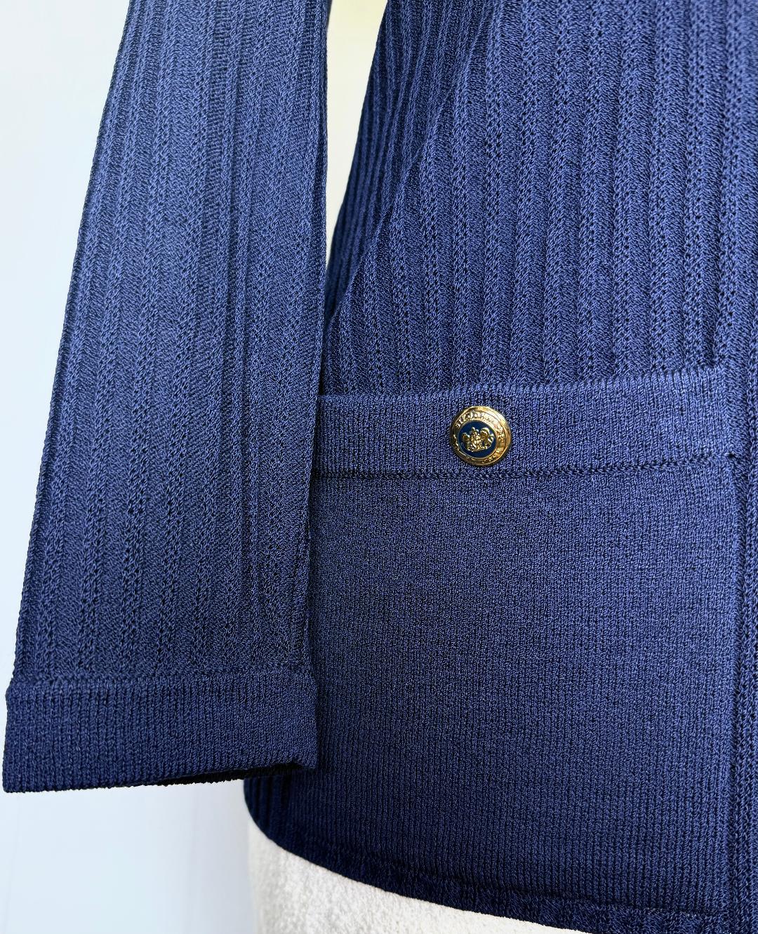 St. John Long Navy Santana Knit Ribbed Jacket – V-Neck with Gold Logo Buttons -  Size 12