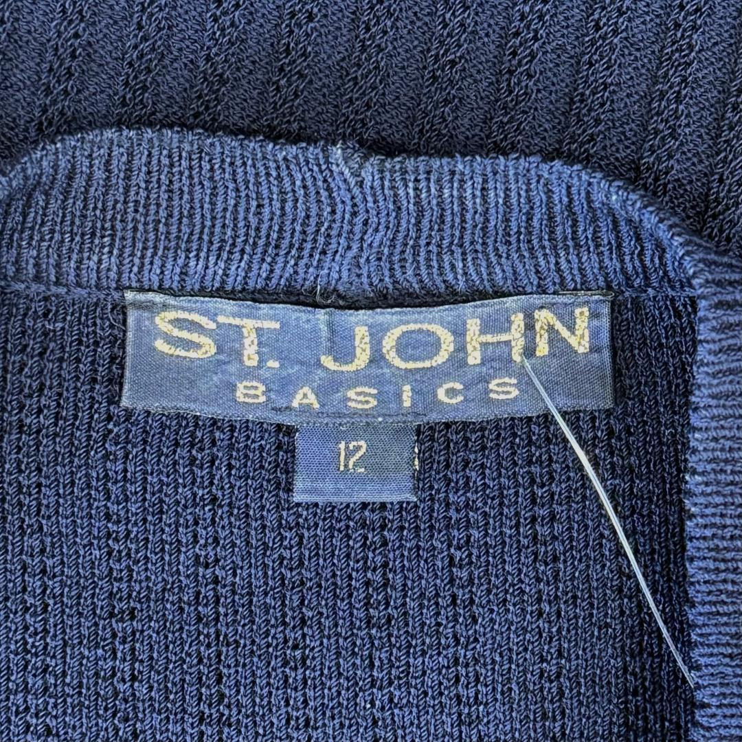 St. John Long Navy Santana Knit Ribbed Jacket – V-Neck with Gold Logo Buttons -  Size 12