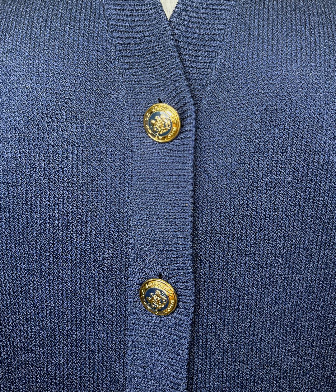 St. John Navy Santana Knit Long Jacket – Gold Logo Buttons & Epaulettes – Size M (Fits 12–14)