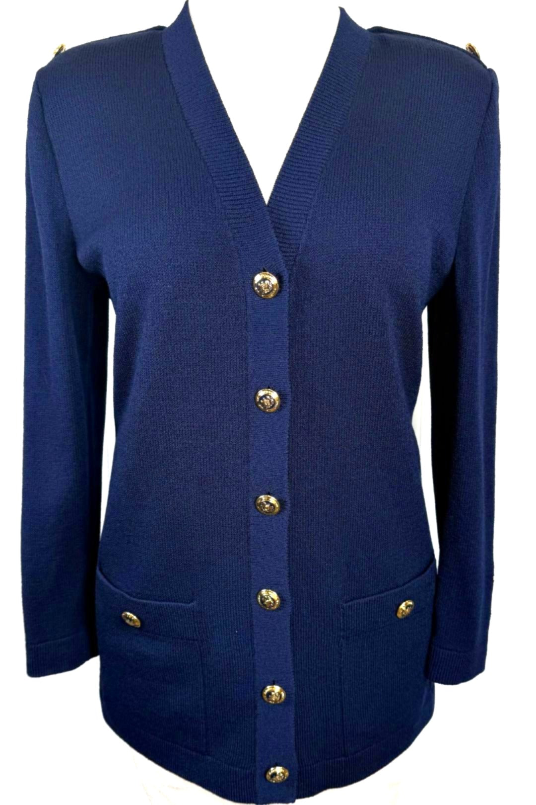 St. John Navy Santana Knit Long Jacket – Gold Logo Buttons & Epaulettes – Size M (Fits 12–14)