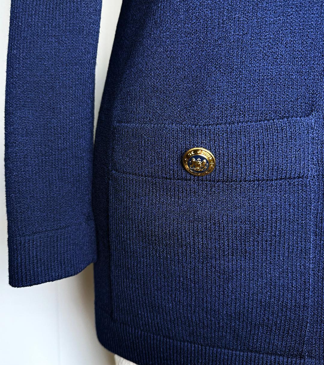 St. John Navy Santana Knit Long Jacket – Gold Logo Buttons & Epaulettes – Size M (Fits 12–14)
