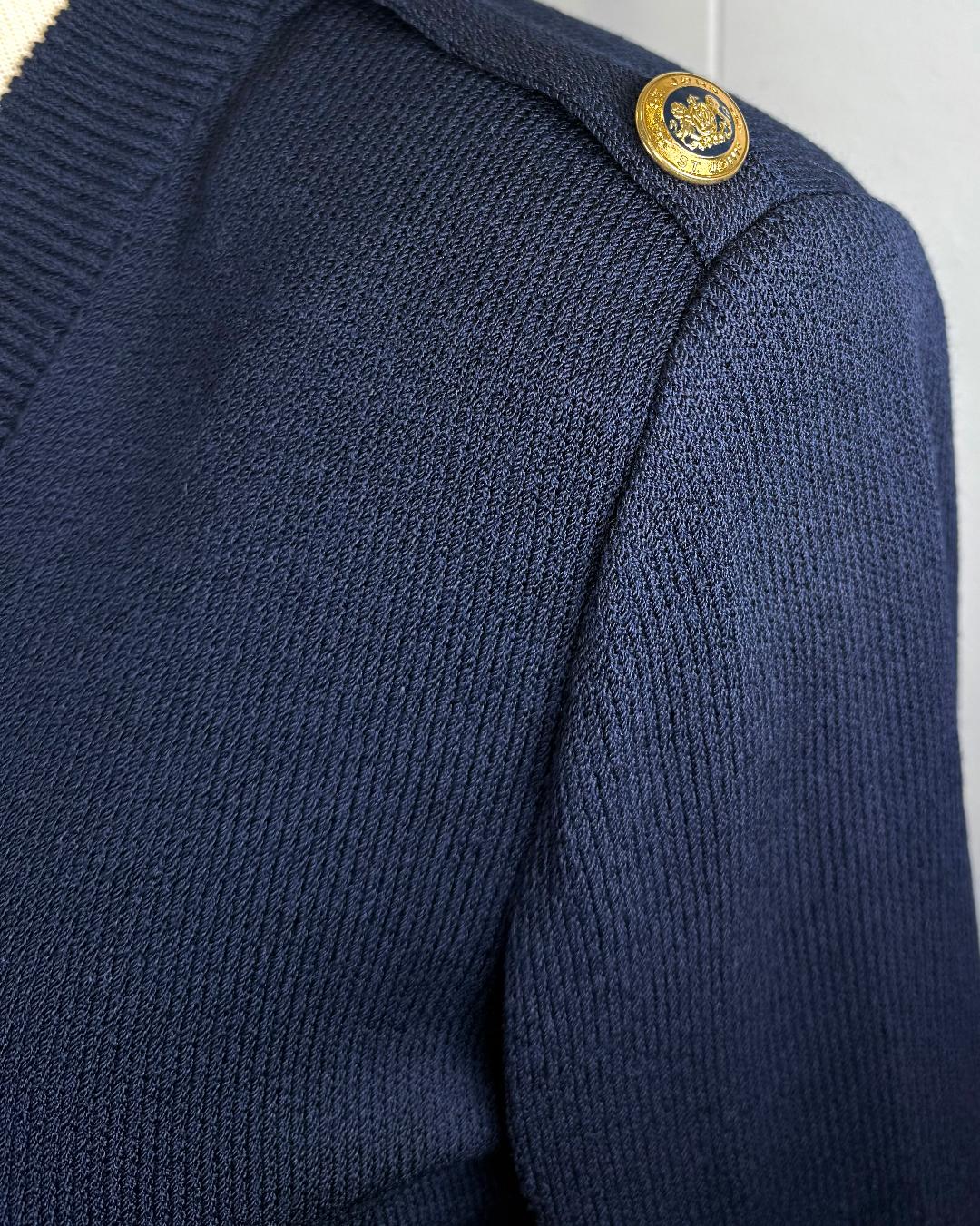 St. John Navy Santana Knit Long Jacket – Gold Logo Buttons & Epaulettes – Size M (Fits 12–14)