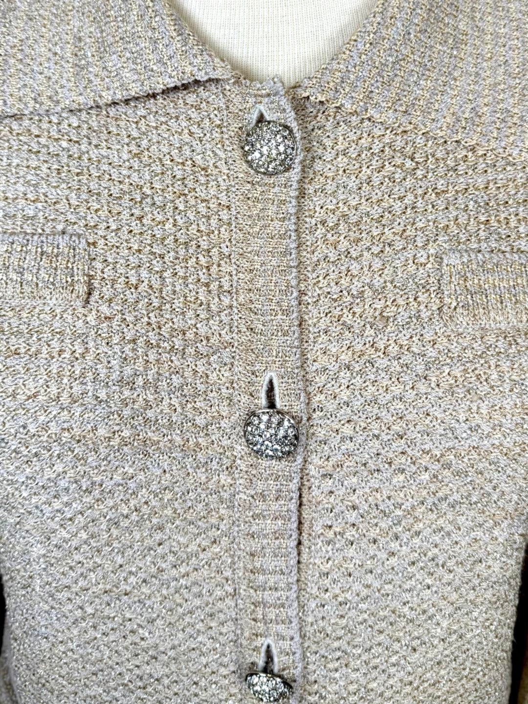 St. John Beige & Silver Textured Knit Jacket – Crystal Buttons & Ribbed Trim – L 10/12