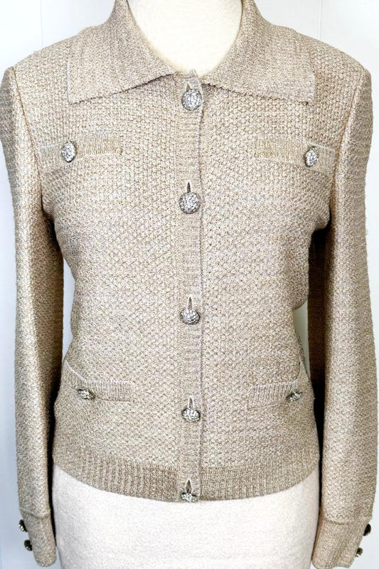 St. John Beige & Silver Textured Knit Jacket – Crystal Buttons & Ribbed Trim – L 10/12
