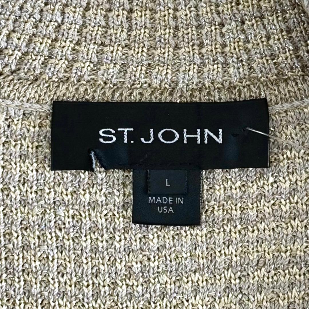 St. John Beige & Silver Textured Knit Jacket – Crystal Buttons & Ribbed Trim – L 10/12