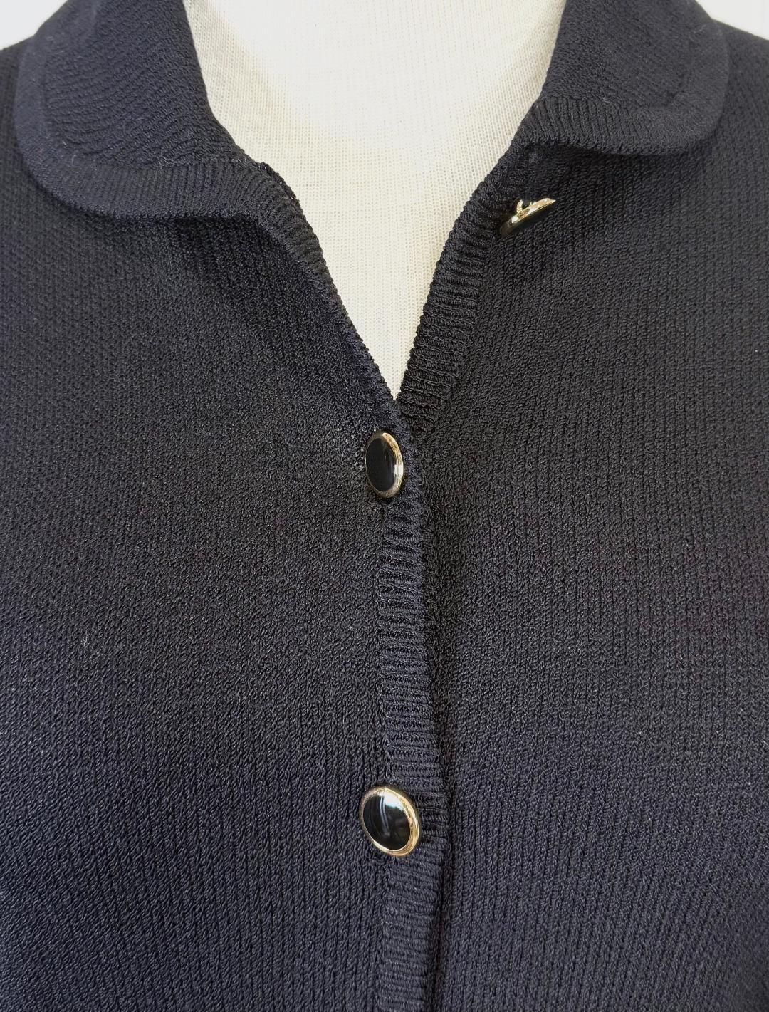 St. John Black Santana Knit Jacket – Round Collar & Gold-Trimmed Buttons – Size 12