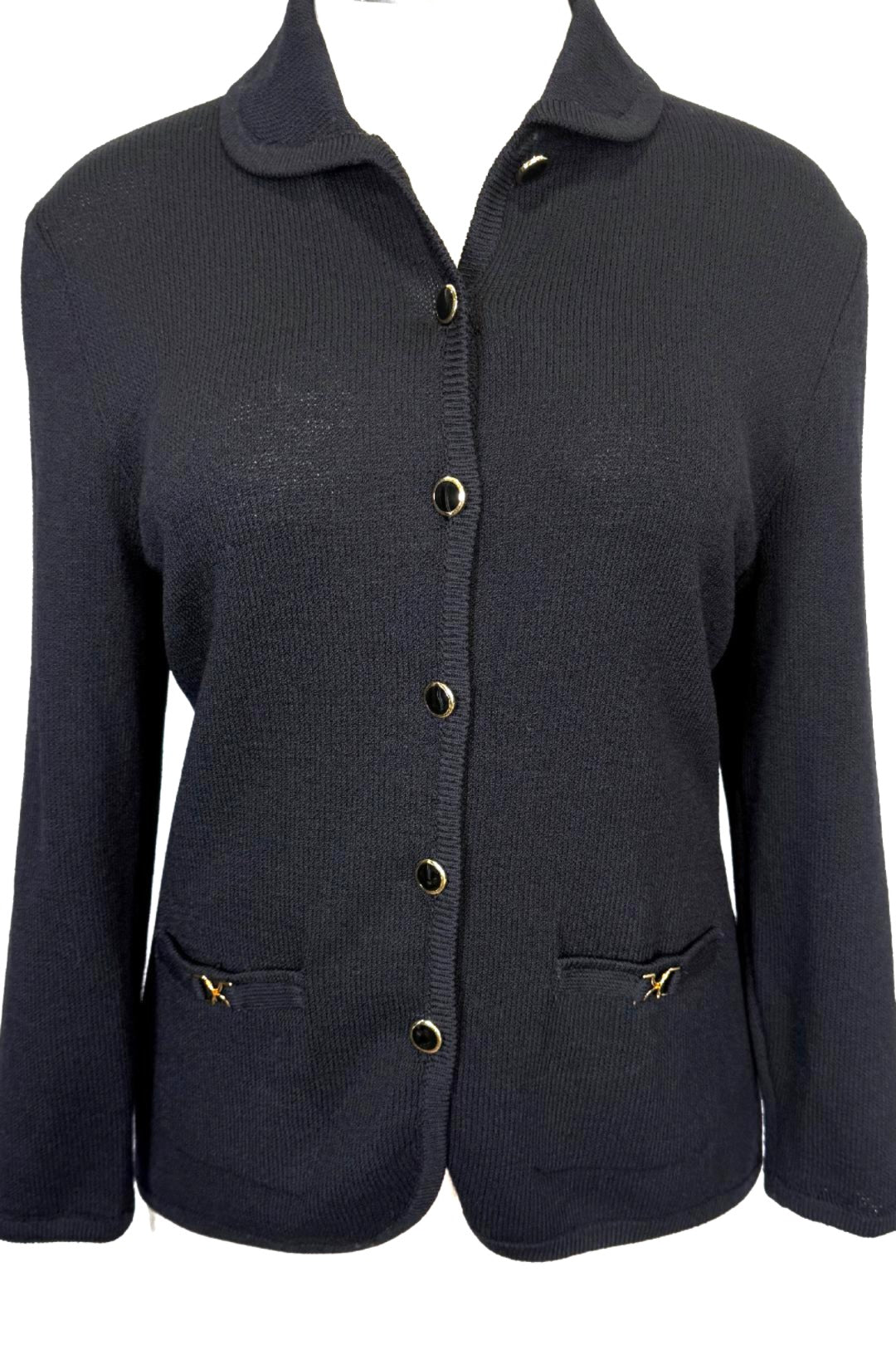 St. John Black Santana Knit Jacket – Round Collar & Gold-Trimmed Buttons – Size 12