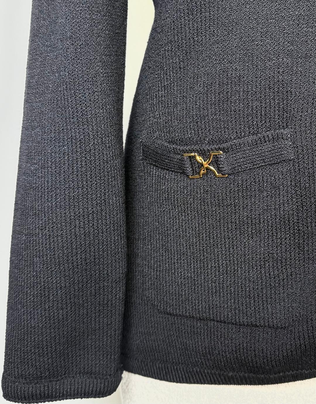 St. John Black Santana Knit Jacket – Round Collar & Gold-Trimmed Buttons – Size 12