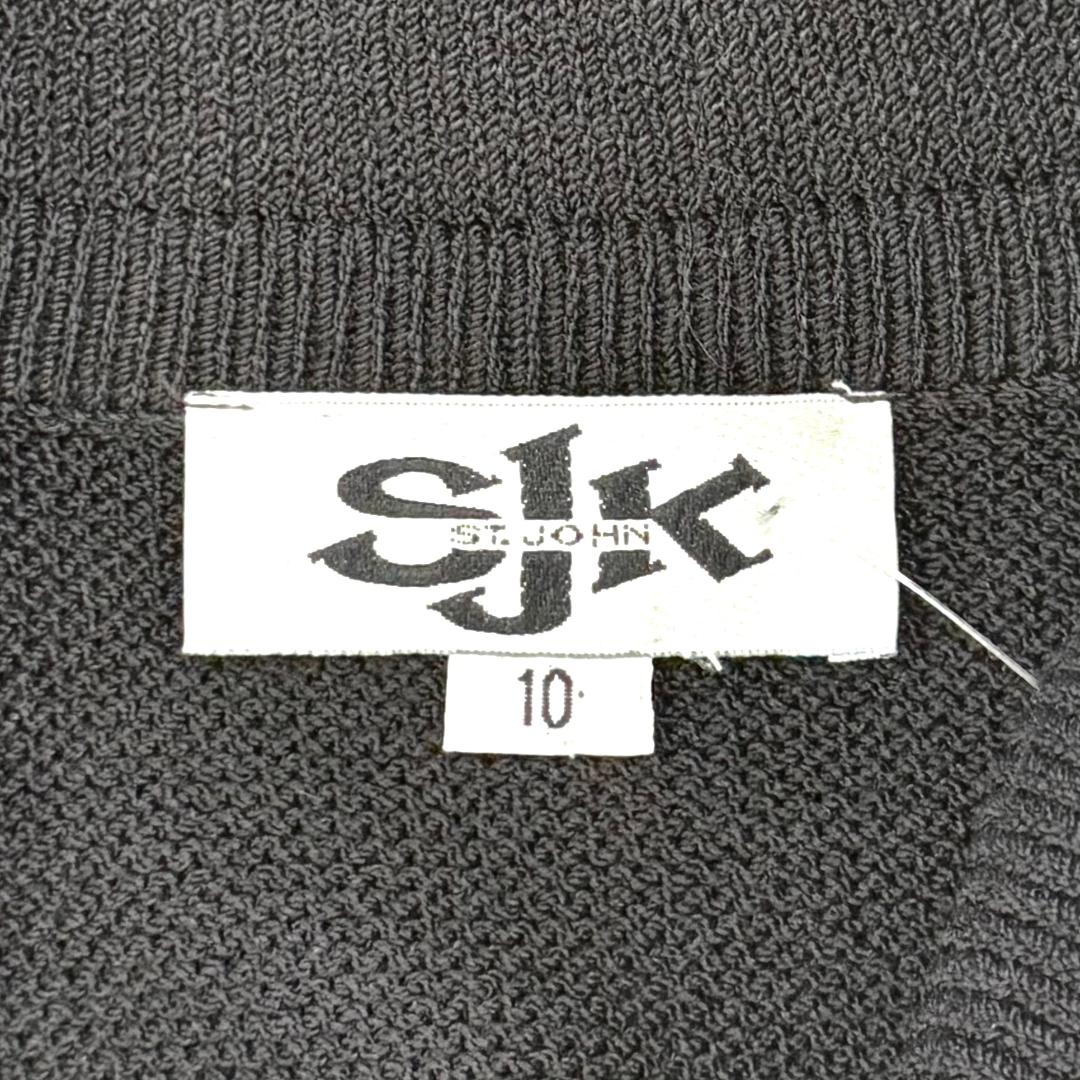 St. John Black Santana Knit Jacket – Round Collar & Gold-Trimmed Buttons – Size 12