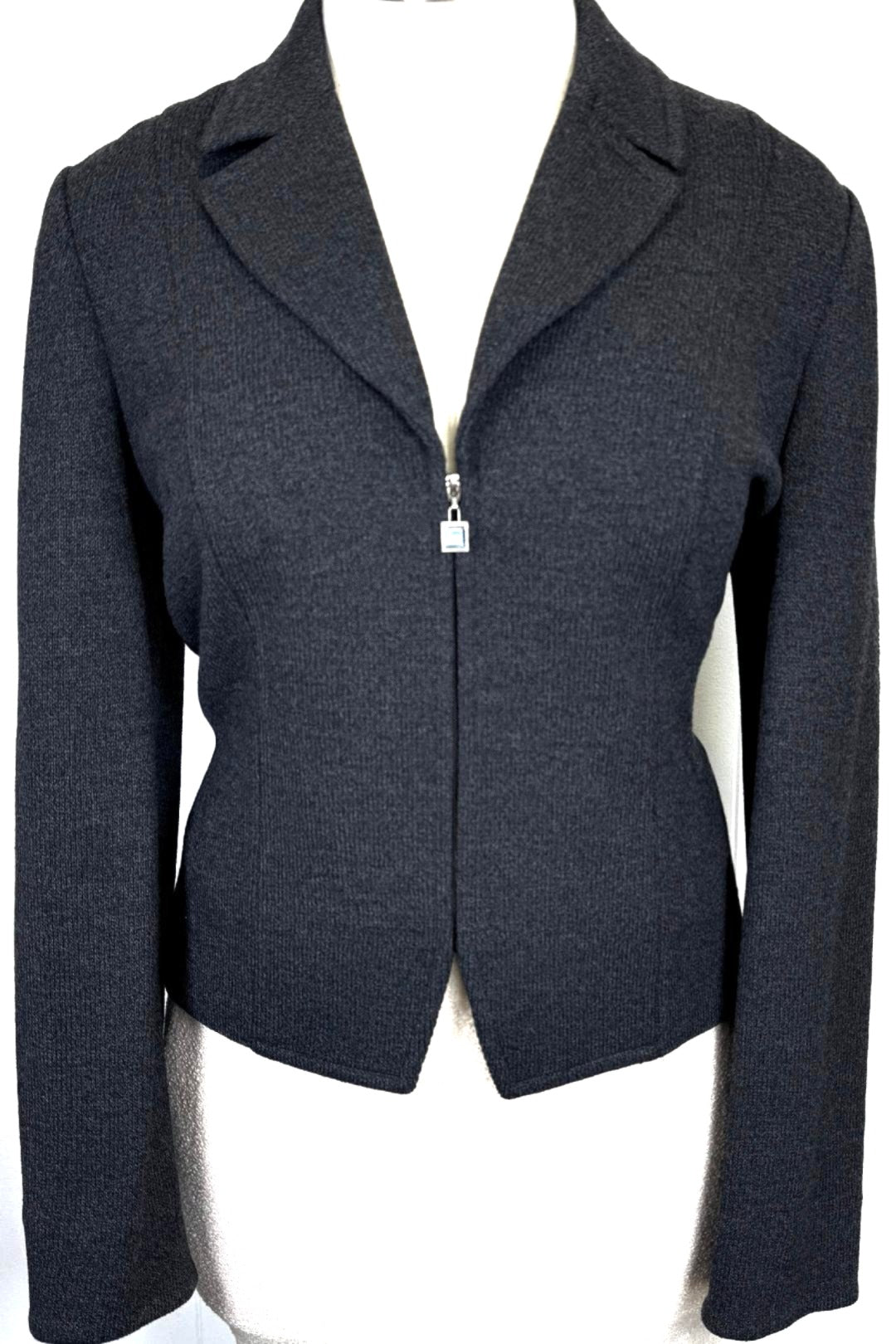 St. John Dark Gray Santana Knit Jacket – Silver Zipper & Silk-Lined Cuffs – Size 12