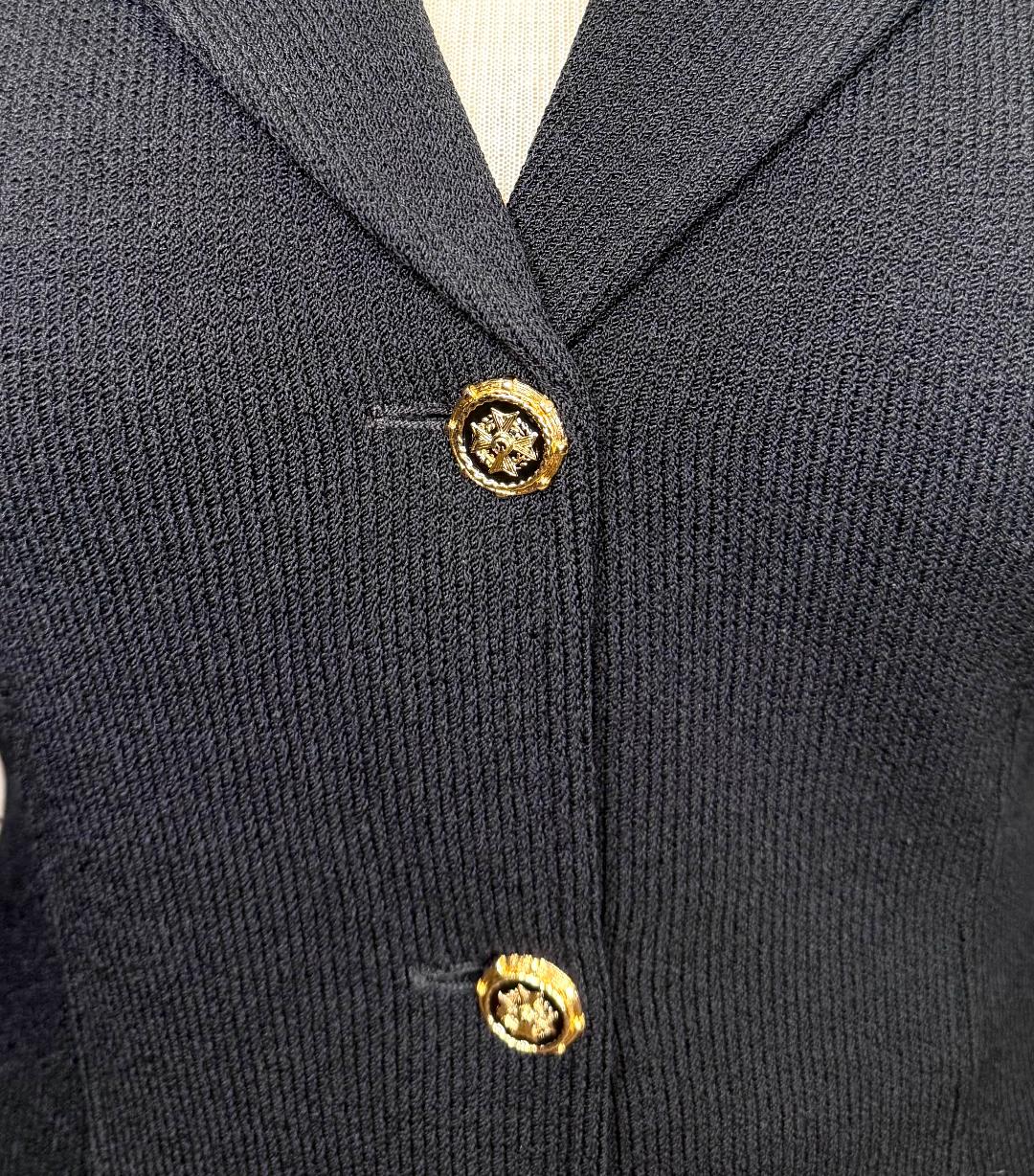 St. John Long Black Santana Knit Jacket – Gold Accent Buttons & Notched Lapel – Size 12